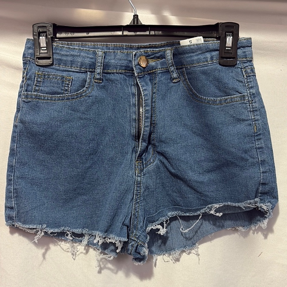 SM82 Blue Relaxed Fit Jean Shorts with Frayed Hem